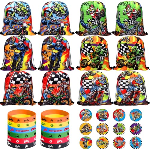 Ywediim Motorrad Party Mitgebsel, Einschließlich Motorrad-Thema Junge Motocross Taschen Drawstring Goodie behandeln Taschen Armbänder Abzeichen, für Motocross-Thema Kinder Geburtstag Party Geschenk von Ywediim