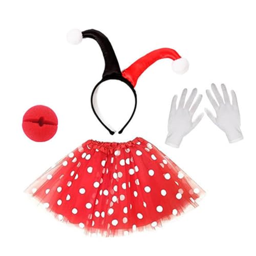 Ywmsfl Clown-Kostüm-Set, Clownshut, Clownnnase, Clown-Haarreif, Rock und Handschuh, Clown-Kostüm, Outfits für Damen, Halloween, Cosplay von Ywmsfl