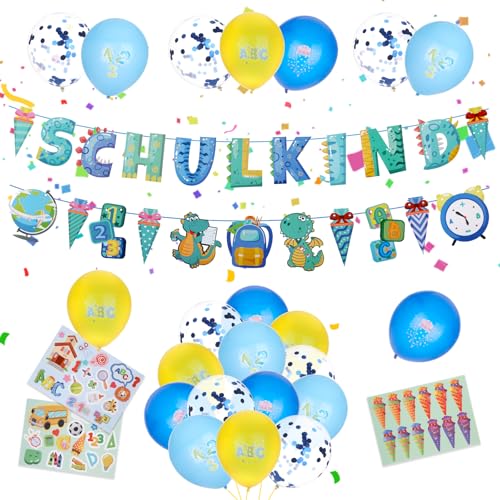 SCHULKIND 2024 Deko Einschulung Junge, SCHULKIND Girlande + 2024 Zuckertüten Girlande + Zuckertüte SCHULKIND Folienballon + 15 Luftballon + 16 Konfetti Schulanfang Schuleinführung Deko von Yylaiire