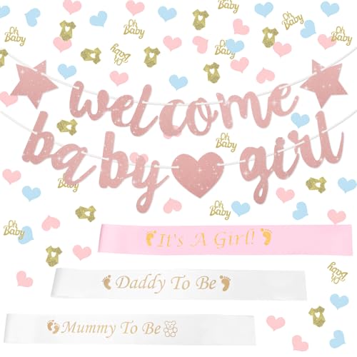 Rosa Welcome Home Baby Girl,Willkommen Zuhause Baby Deko Mädchen,Gender Reveal Party Deko,Baby Shower Schärpe,Glitzer Herzlich Willkommen Girlande Welcome Back Deko mit Herzen von Yylaiire