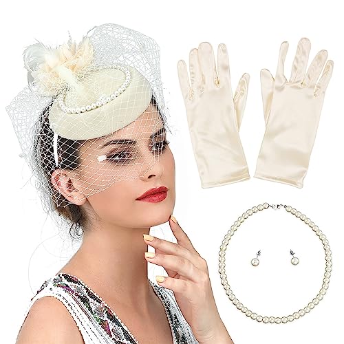 Yzdysg Kopfschmuck, 1 Set Damen-Netzschleier und Hut, Haarreif mit Perlen, Ohrringen, Halskette und Handschuhen, Halloween, Cosplay, Abschlussball, Partyzubehör für Damen von Yzdysg