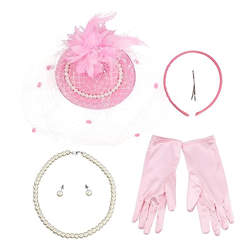 Yzdysg Kopfschmuck, 1 Set Damen-Netzschleier und Hut, Haarreif mit Perlen, Ohrringen, Halskette und Handschuhen, Halloween, Cosplay, Abschlussball, Partyzubehör für Damen von Yzdysg