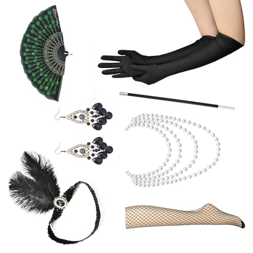 Yzdysg Kopfschmuck, 1920er Jahre Kostüm Damen Revers Accessoires Set Vintage Dress Up mit Stirnband, Satin-Handschuhen, Kunstperlenkette von Yzdysg