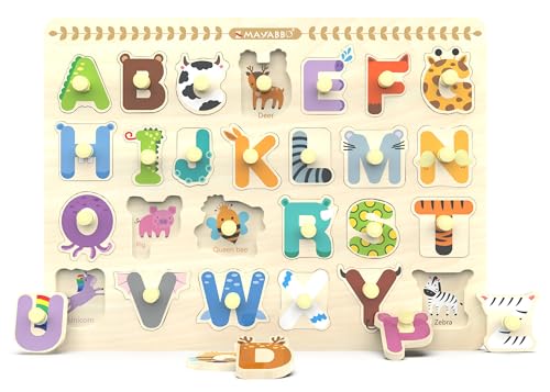 Wooden Peg Puzzles for Toddlers, Alphabet Learning Toys, Baby Puzzles Alphabet Board for Kids, Preschool Knob Puzzle for Boys Girls, Chunky ABC Shape Puzzles for 1 2 3 4 Year Old von Z MAYABBO