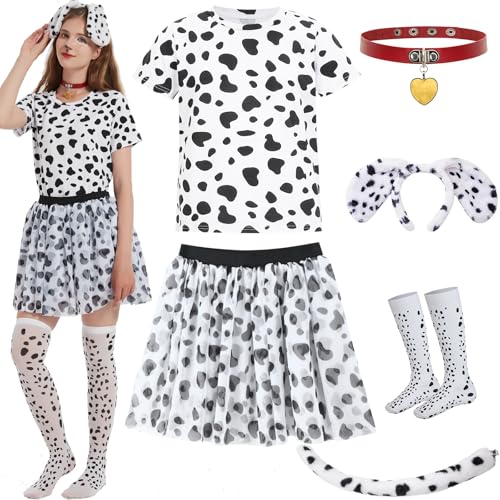 Z-Shop Halloween-Kostüm 101 Dalmatiner-Kostüm für Damen, Erwachsenen-Outfit, Hemd, Stirnband, Ohren und Schwanz-Zubehör, Weiss/opulenter Garten, L von Z-Shop