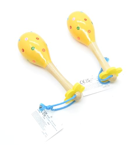 Maracas für Kinder, aus Holz, gelb mit bunten Punkten, Musical, 2 Stück von Z1