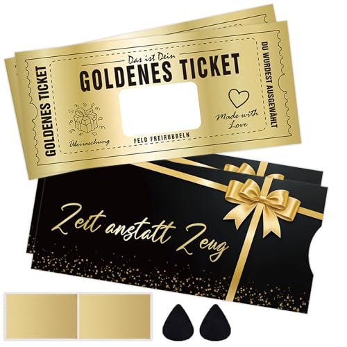 2X Goldenes Ticket,Geschenke Gutschein zum Selber Auffüllen,Rubbelkarte zum Beschriften mit Umschlag,Rubbelaufkleber,Rubbelwerkzeug,Rubbellose Geburtstagskarte Wunschgutschein - Zeit anstatt Zeug von ZABARE