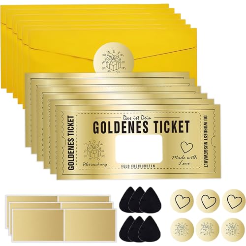 6x Goldenes Ticket,Gutschein zum selber ausfüllen mit Rubbelaufkleber,Umschlag,Aufkleber,Rubbelwerkzeug,Rubbelkarte zum beschriften,Geburtstagskarte Reisegutschein Geschenke für Frauen Freundin von ZABARE