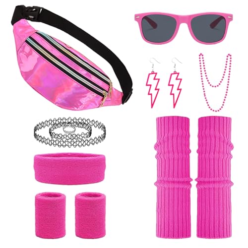 80er 90er Jahre Outfit Accessoires Damen,80er Jahre Hippie Kostüm Accessoires mit Bauchtasche, Stirnband, Beinwärmer,Armbänder,Brille, Ohrring,80er Jahre Kostüm für Neon Karneval Fasching Party von ZABARE