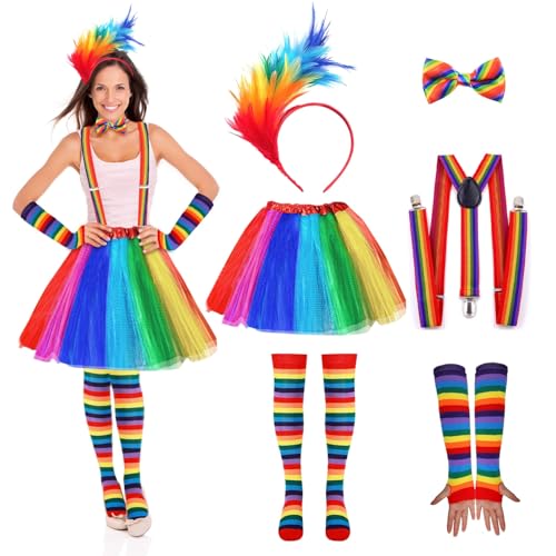 ZABARE 6er Karneval Kostüm Damen Regenbogen Tüllrock mit Feder Haarreif Stirnband Riemen Kniestrümpfe Beinwärmern Handschuhen Regenbogen Kostüm für Karneval Halloween Fasching Mottoparty von ZABARE