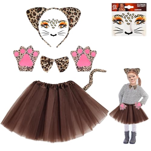 ZABARE 6Pcs Leoparden Tierkostüm Kinder Set, Tüllrock,Leoparden Ohren Haarreif,Fliege,Tail,Handschuhe,Leopard Gesicht Kunst Aufkleber,für Kostüm Party Deko Karneval Fasching Cosplay Halloween von ZABARE