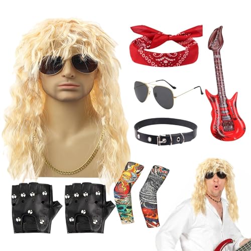 80er Jahre Rocker-Kostüm für Herren, Rocker-Kostüm für Herren,70er 80er Rocker Perücken Herren Hippie Perücke mit Bandana Sonnenbrille | 9-teiliges Halloween-80er-Jahre-Rocker-Star-Kostüm-Set für Disc von ZAGARO