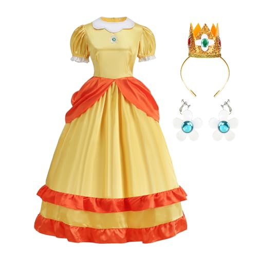 ZALOORIY Damen Prinzessin Pfirsich Gänseblümchen Rosalina Kostüm Erwachsene Halloween Outfit Cosplay mit Krone Ohrring (Daisy, XL) von ZALOORIY