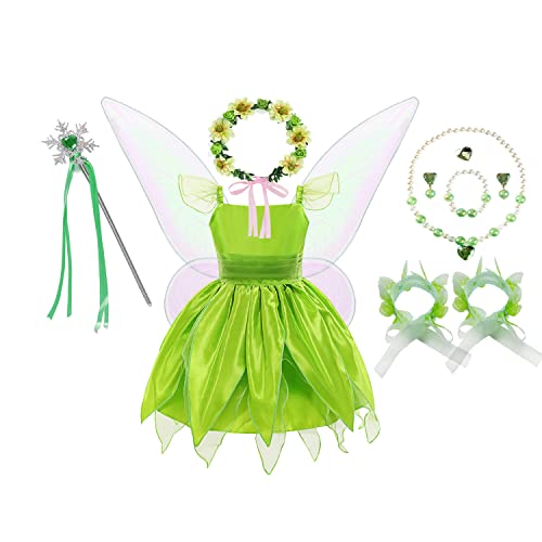 ZALOORIY Tinkerbell Feenkostüm für Mädchen, Prinzessinnenkleid mit abnehmbaren Flügeln und Zubehör (Grün, 7-8T) von ZALOORIY