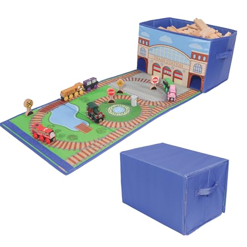 Zany Trains - Zug Aufbewahrungskorb und Spielmatte - Holz Eisenbahn Take-Along Aufbewahrungsbox mit Zuggleisen Design - Zwei in Eins Faltbare Spielzeugautoaufbewahrung mit Station - Auto Garage von ZANY TRAINS