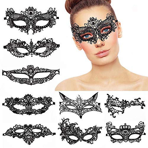 ZARRS Masken Venezianische,9er Pack Lace Masquerade Masks Damen Frauen Mädchen Maskenspiel Venetian Gesichtsmaske für Weihnachten Party Maskenball Halloween Schwarz von ZARRS