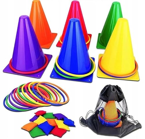 ZAXER Multifunktionaler Trainingskegel- und Ringo-Set für Kinder - Ideal für Outdoor-Spiele, Reaktionstraining und Familienaktivitäten, inkl. 6 Kegel, 10 Ringe, 10 Bohnensäckchen von ZAXER