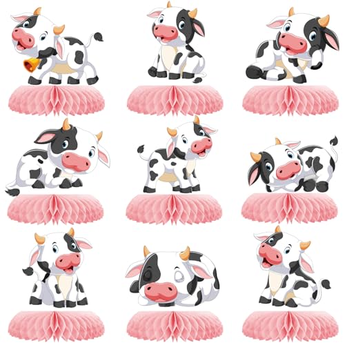 9 Stück rosa Kuh Wabenaufsätze Bauernhoftiere Kuh Tischaufsatz Wabendekoration rosa Kuh Themenparty Wabenmuster 3D Kuh Druck Tischdekoration für Mädchen Party Babyparty Western Cowboy Party Supplies von ZCPTZ