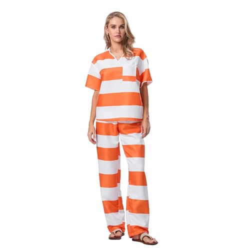 ZCXCsfp Halloween-Kostüm für Damen, gestreifte Hose, Gefängnis, Cosplay, 2-teiliges Set, Gefängnisverbrecher-Set, Cosplay-Outfits (Orange, L) von ZCXCsfp