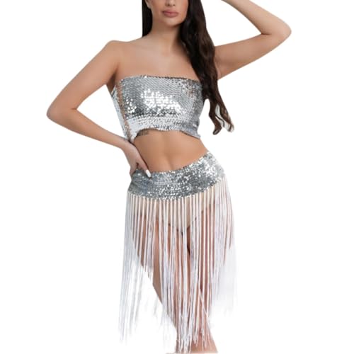 ZCXCsfp Pailletten Bauchtanz Kostüm Pailletten Verkleidung Outfits Pailletten Indianer Tanzkleidung Fransen Kleid Damen Karneval Kostüme Schulterfreies Oberteil und Fransenrock Zweiteiler (Silber, von ZCXCsfp