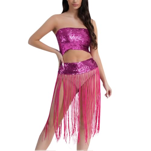 ZCXCsfp Pailletten Bauchtanz Kostüm Pailletten Verkleidung Outfits Pailletten Indische Tanzkleidung Fransen Kleid Damen Karneval Kostüme Schulterfreies Oberteil und Fransenrock Zweiteiler (Hot Pink, von ZCXCsfp