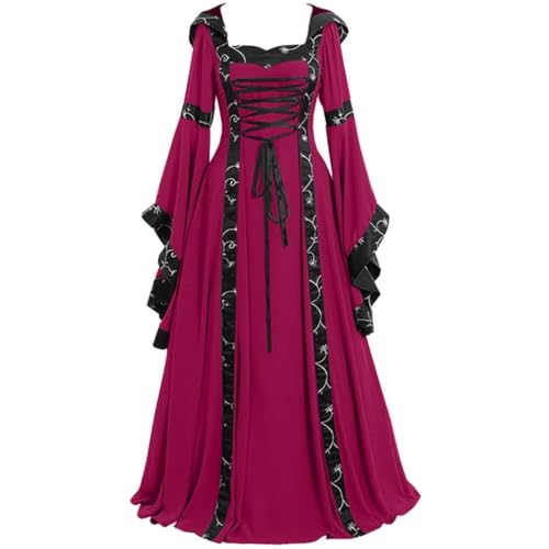 ZCXCsfp Viktorianische Renaissance Kleider mit Kapuze Barock Kleid Mittelalter Kostüm Prinzessin Karneval Fasching Kostüm Hexe Cosplay Maxikleid mit Glockenärmeln (Hot Pink, 4XL) von ZCXCsfp