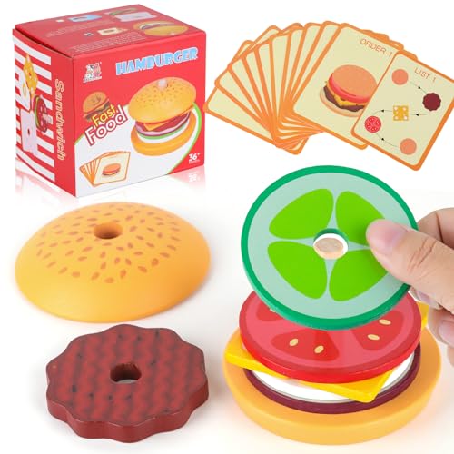 ZDNT Montessori Hamburger-Stapelspielzeug,Holz Burger Toy,Holz Hamburger,Kinder Stapelspielzeug,Hölzerne Stack Burger,Kinderküche Zubehör Holz Burger,Geschenk für Jungen Mädchen 1 2 3 + Jahre von ZDNT