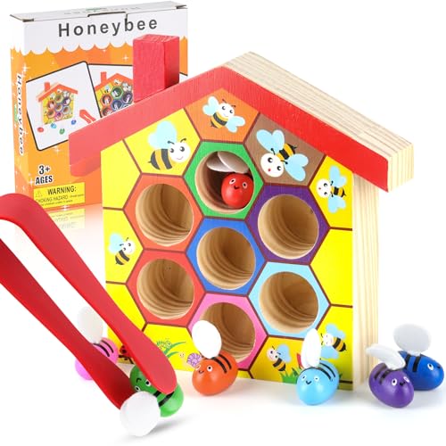 ZDNT Montessori Spielzeug Ab 3 Jahre,Holzspielzeug,beeindruckenden Montessori Holzspielzeug Set mit Pinzette und hölzernem Bienenhaus,Lernspielzeug Geschenke,Farben Lernen Jungen Mädchen Lernspiel von ZDNT