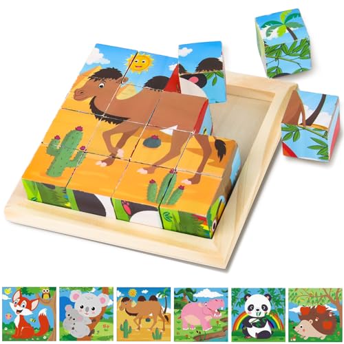 ZDNT Würfelpuzzle Holz,3D Bilderwürfel Puzzlespiele 6 in 1 Tier-Motive Holzpuzzle Montessori Spielzeug,Holzpuzzle Spielzeug für Kinder ab 1 2 3 Jahre Geschenk für Jungen und Mädchen von ZDNT