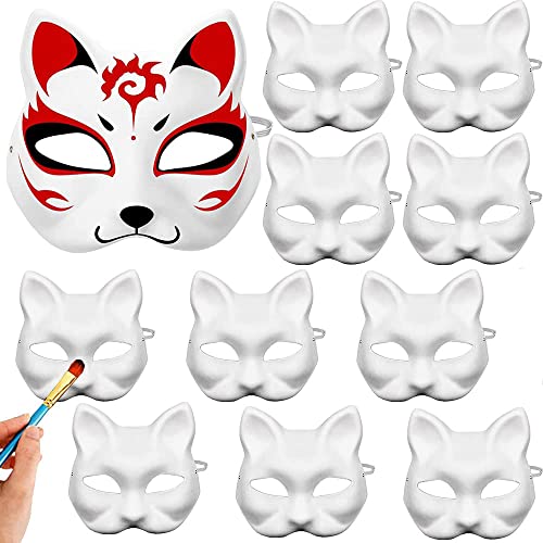 ZDQC 10 Stücke Maske DIY,Katzenmaske Weiß,Masken zum Bemalen,Fuchs Maske Weiß,Leere Maske,Masken zum Basteln,Papiermasken zum Bemalen,Cosplay Maske Weiß,Katzen Maske Kinder Fasching von ZDQC