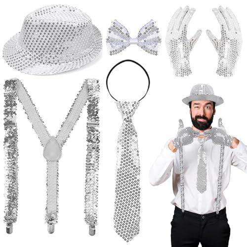 ZDQC 5 Stück Karneval Kostüm Herren Glitzer,Glitzer Kostüm Herren,Disco Glitzer Kostüm Herren 80er,Pailletten Hosenträger und Fliege,Kostüm Glitzer Und Glamour Herren,Glitzer Outfit Set (Silbrig) von ZDQC