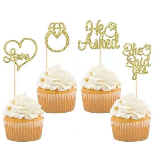 24 Stück He Asked She Said Yes Tortendeko, Diamantring Herz Kuchendeckel, Glitzer Tortendeko, Gold-Diamant-Ring-Cupcake-Topper für Hochzeit Verlobung Brautparty Dekorationen von ZEACCT