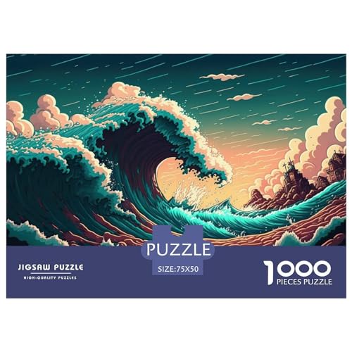 Kreatives Ozeanwellen-Geschenk aus Holz, 1000 Teile, Puzzle für Erwachsene, rechteckiges Puzzle, Gehirnübungs-Herausforderungsspiel, 1000 Teile (75 x 50 cm) von ZEBWAY