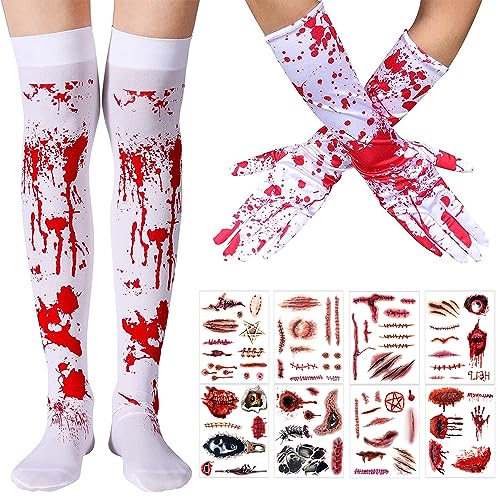 Halloween Blutige Handschuhe Socken Set mit 8 Blatt groß Halloween Temporäre Tattoos Temporäre Zombie Narbe Tattoos Aufkleber, Halloween make up set für Halloween Dekoration Cosplay Party Kostüm (A) von ZELAITE