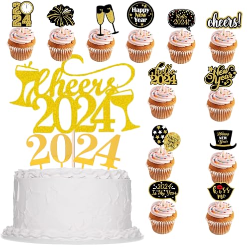 Kuchendekorationen Topper Frohe Weihnachten und Frohes neues Jahr, 2024 Happy New Year Tortendeko Silvester Cupcake Toppers Kuchen Dekorationen für Neujahrsdeko Silvester Tischdeko (2024) von ZELAITE