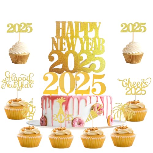 Kuchendekorationen Topper Frohe Weihnachten und Frohes neues Jahr, 2025 Happy New Year Tortendeko Silvester Cupcake Toppers Kuchen Dekorationen für Neujahrsdeko Silvester Tischdeko (2025) (A) von ZELAITE