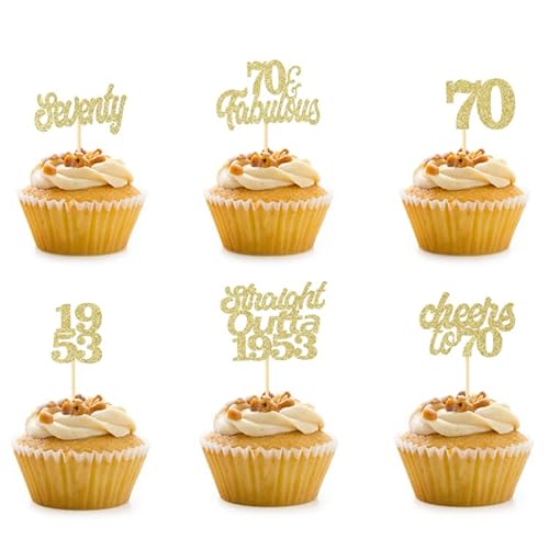 ZELAITE 13 Stück Cupcake Toppers Glitter"Happy 70th Birthday" Kuchen Topper, 1953 Kuchendekoration für 70. Geburtstag Hochzeit Jahrestag Party Kuchen Dekorationen Gold (70) von ZELAITE