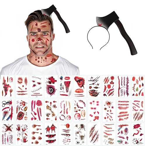 ZELAITE Blutige Axt im Kopf, Halloween Messer im Kopf Blutige Haarreif, 30pcs Halloween Zombie Scars Tattoo Grusel Zombie Accessoires Horror Kostüm Gruselkostüm (A) von ZELAITE