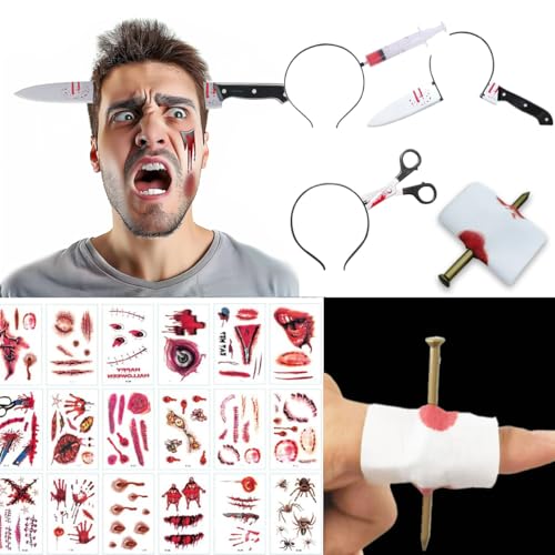 ZELAITE Blutige Schere, Axt, Messer im Kopf, Halloween make up set, 30pcs Halloween Zombie Scars Tattoo Grusel Zombie Accessoires Horror Kostüm Gruselkostüm (C) von ZELAITE