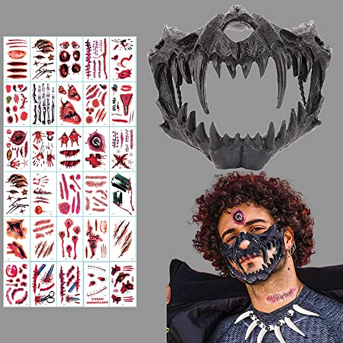 ZELAITE Tier Skelett Maske Halloween, Harz Hund Schädel Knochen Zähne Scary Horror Devil Wolf Werwolf Maske Halbmaske für Karneval Fasching Kostüm Halloween Maske Skelett kinnlos (C) von ZELAITE