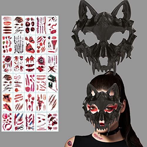 ZELAITE Tier Skelett Maske Halloween, Harz Hund Schädel Knochen Zähne Scary Horror Devil Wolf Werwolf Maske Halbmaske für Karneval Fasching Kostüm Halloween Maske Skelett kinnlos (D) von ZELAITE