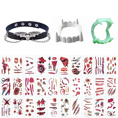 ZELAITE Vampirgebiss + Halloween Zombie Scars Tattoos Aufkleber + Vampir Halsband, Halloween Cosplay Maskerade Make up, Halloween Party Karneval Dekorationen für Damen Mädchen Cosplay Party (A) von ZELAITE