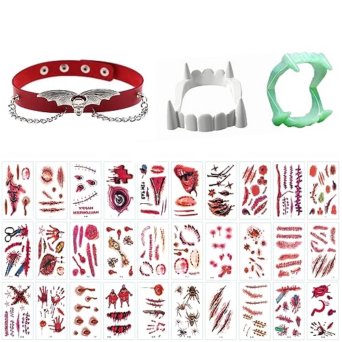 ZELAITE Vampirgebiss + Halloween Zombie Scars Tattoos Aufkleber + Vampir Halsband, Halloween Cosplay Maskerade Make up, Halloween Party Karneval Dekorationen für Damen Mädchen Cosplay Party (B) von ZELAITE