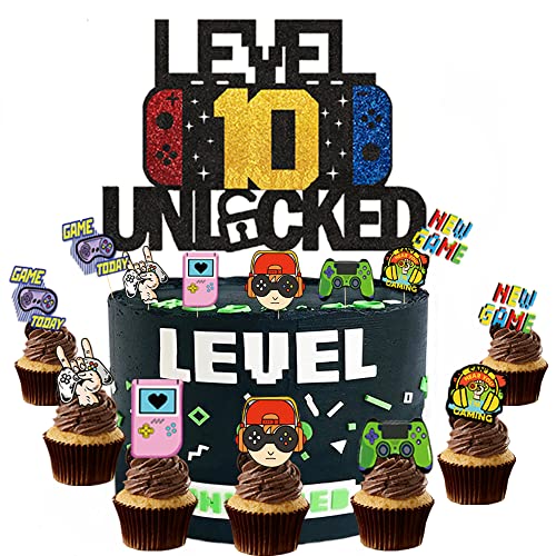 ZELAITE "level 10 unlocked" Kuchen Dekorationen, 10th Geburtstag Kuchen Deko Cake Topper Happy Birthday, Videospiel Cupcake Topper, Tortendeko Geburtstag für Junge (a) von ZELAITE