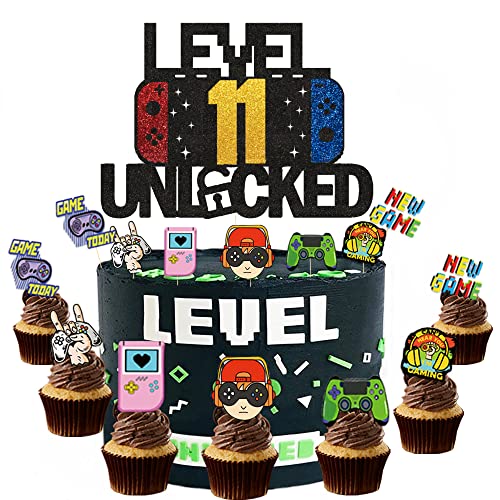 ZELAITE "level 11 unlocked"Kuchen Dekorationen, 11th Geburtstag Kuchen Deko Cake Topper Happy Birthday,Videospiel Cupcake Topper, Tortendeko Geburtstag für Junge (b) von ZELAITE