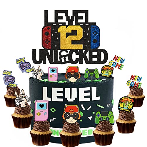 ZELAITE "level 12 unlocked"Kuchen Dekorationen, 12th Geburtstag Kuchen Deko Cake Topper Happy Birthday,Videospiel Cupcake Topper, Tortendeko Geburtstag für Junge (c) von ZELAITE