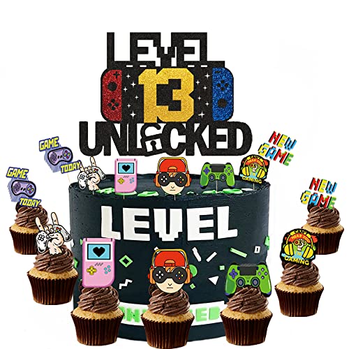 ZELAITE "level 13 unlocked"Kuchen Dekorationen, 13th Geburtstag Kuchen Deko Cake Topper Happy Birthday,Videospiel Cupcake Topper, Tortendeko Geburtstag für Junge (d) von ZELAITE