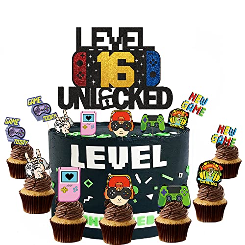 ZELAITE "level 16 unlocked"Kuchen Dekorationen, 16th Geburtstag Kuchen Deko Cake Topper Happy Birthday,Videospiel Cupcake Topper, Tortendeko Geburtstag für Junge (f) von ZELAITE