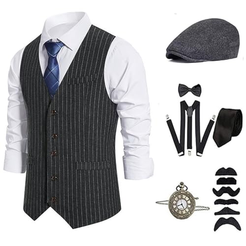 ZEPFJHE 1920er Herren Kostüm Roaring 20s Kostüme Zubehör Set Weste Taschenuhr Krawatte Hosenträger Halloween Cosplay Kostüm ZEPFJHE 1920er Herren Kostüm Roaring 20s Kostüme Zubehör Set Weste Taschenuhr Krawatte Hosenträger Halloween Cosplay Kostüm von ZEPFJHE