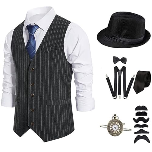ZEPFJHE 1920er Herren Kostüm Roaring 20s Kostüme Zubehör Set Weste Taschenuhr Krawatte Hosenträger Halloween Cosplay Kostüm ZEPFJHE 1920er Herren Kostüm Roaring 20s Kostüme Zubehör Set Weste Taschenuhr Krawatte Hosenträger Halloween Cosplay Kostüm von ZEPFJHE